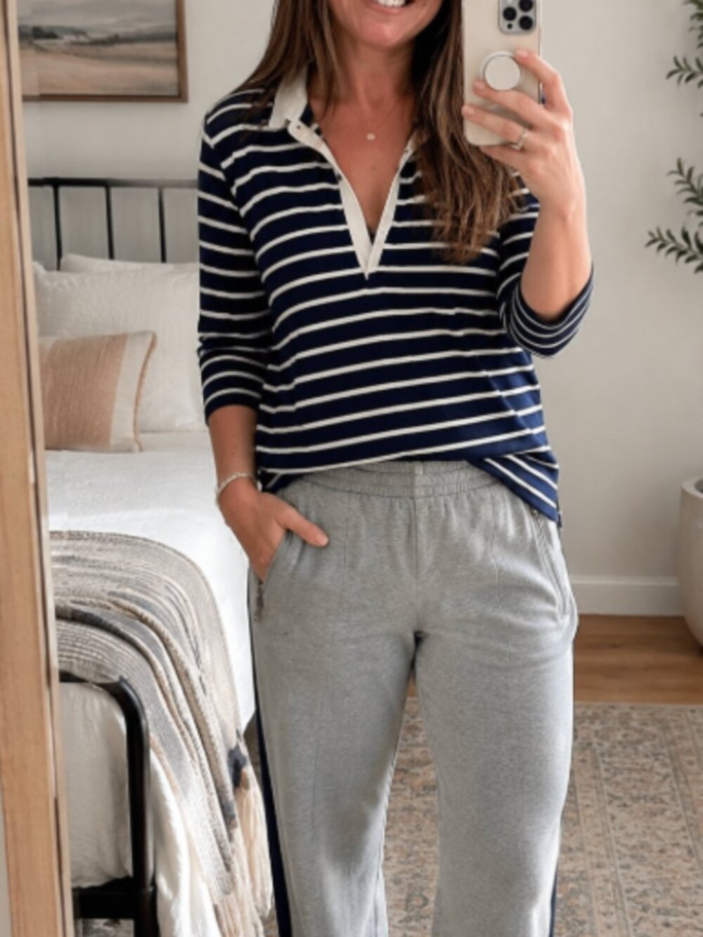 Lands' End Polo Navy White Stripe Size Medium Petite